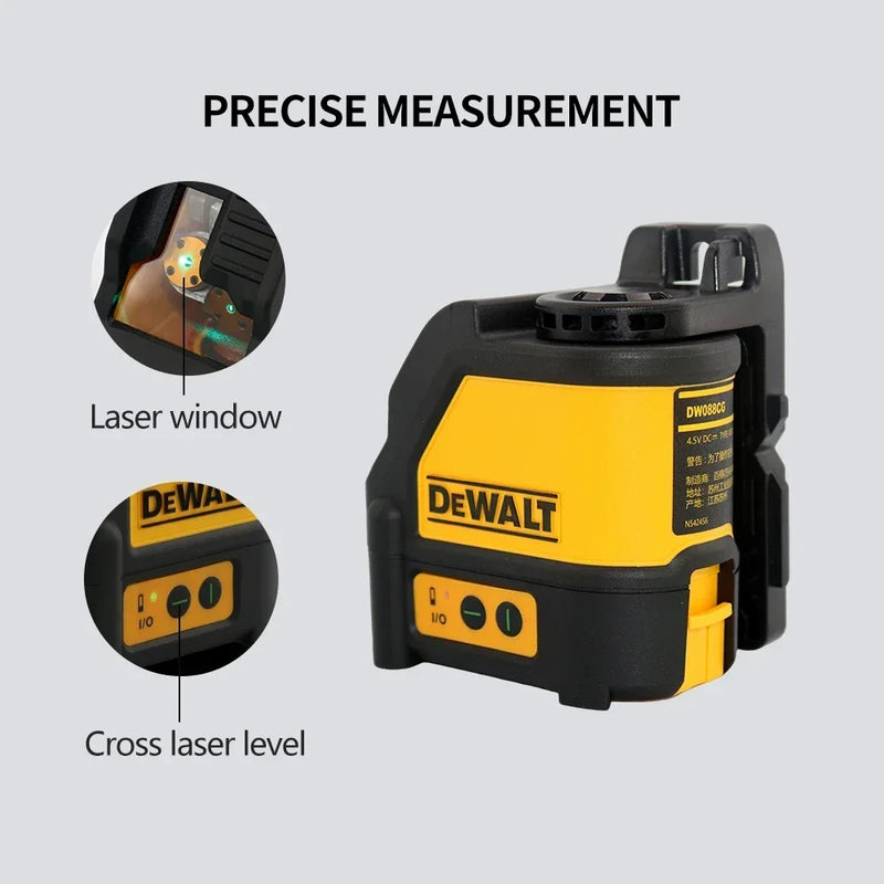 Nível a Laser DEWALT DW088CG – 2 Linhas, Alta Precisão, Luz Verde Cruzada, Alinhamento Automático, Recarregável, Portátil